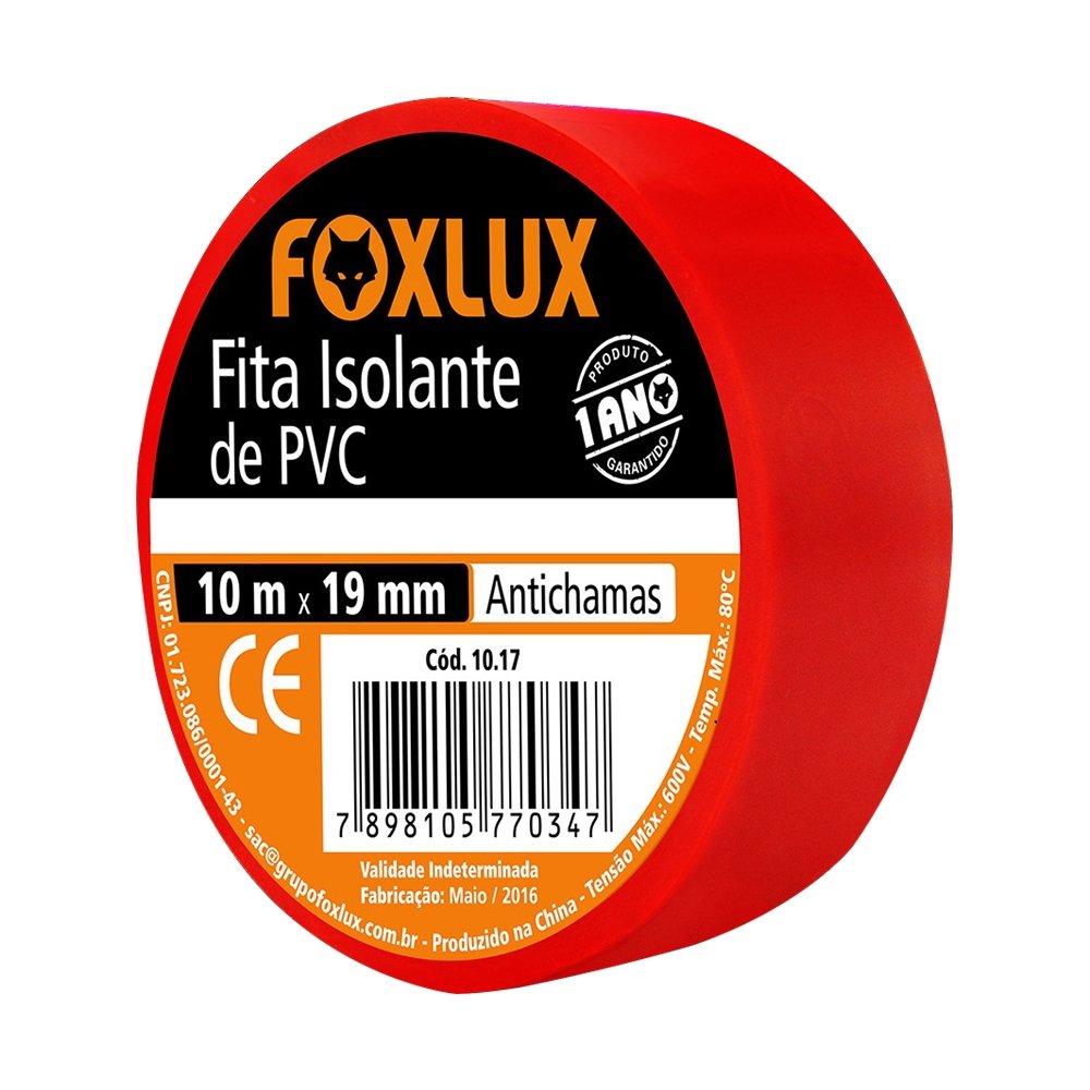 Fita Isolante Foxlux 19mmX10m Vermelha - Embalagem com 10 Unidades