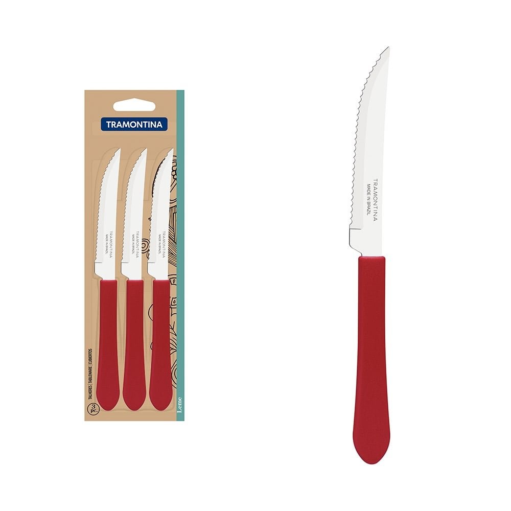 Faca de Churrasco Tramontina Leme, Vermelho Embalagem com 3 Unidades