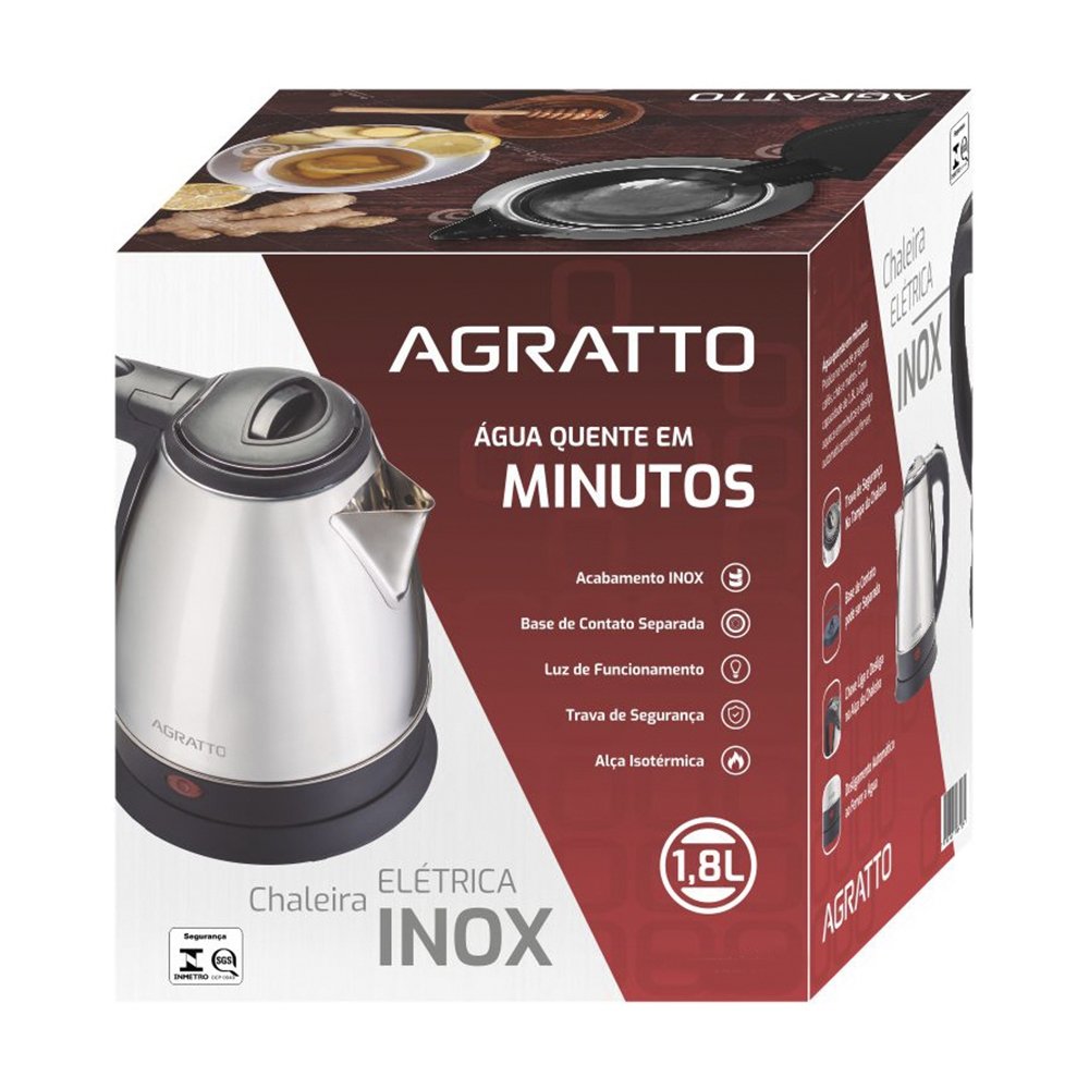 Chaleira Elétrica Agratto CE-01 - 1,8 Litros, 1000W, Inox, 110V