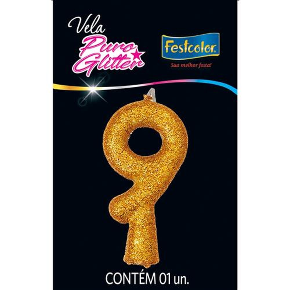 Vela Puro Glitter Dourada N 9 - Embalagem com 1 unidade.
