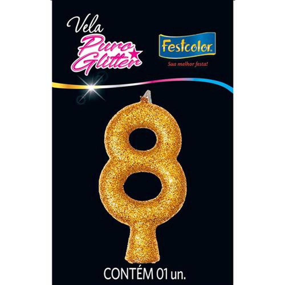 Vela Puro Glitter Dourada N 8 - Embalagem com 1 unidade.