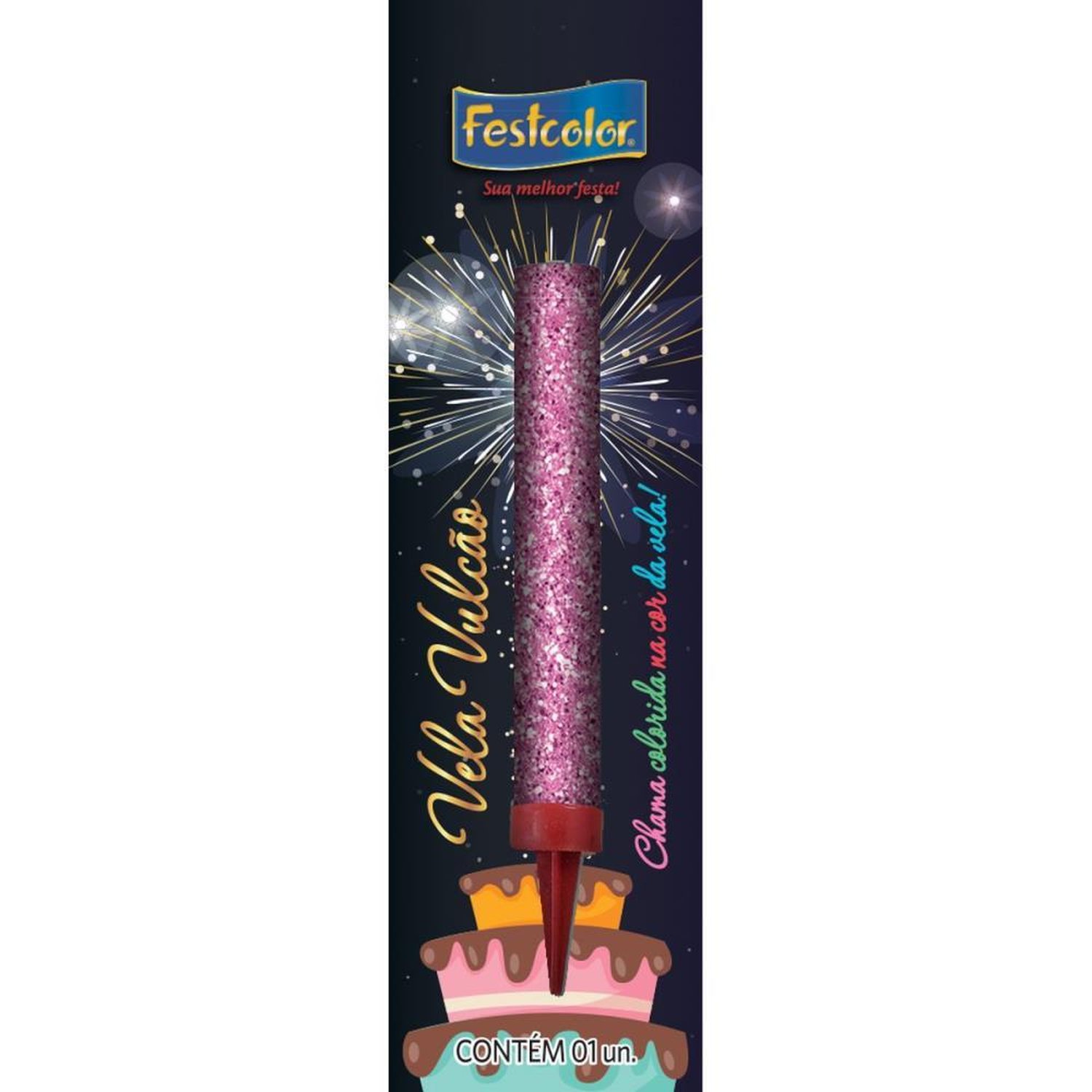 Vela Para Aniversário Vulcão Rosa Com Glitter E Chama Colorida