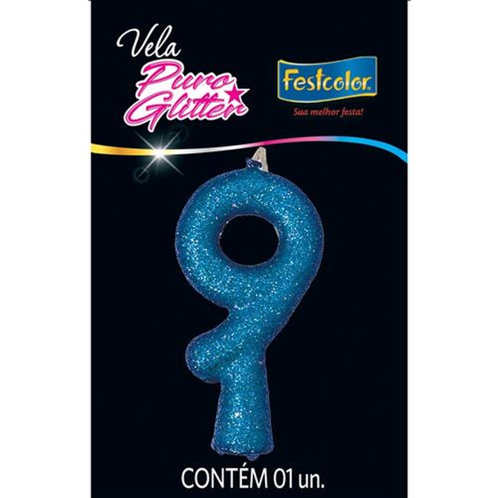 Vela Puro Glitter Azul N 9 - Embalagem com 1 unidade.