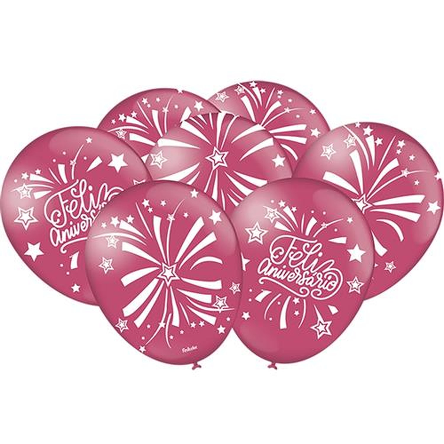 Balao Decorado Feliz Aniversario Rosa Escuro - Embalagem com 25 unidades.