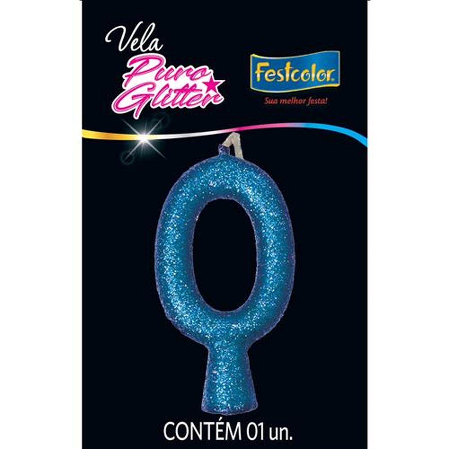 Vela Puro Glitter Azul N 0 - Embalagem com 1 unidade.