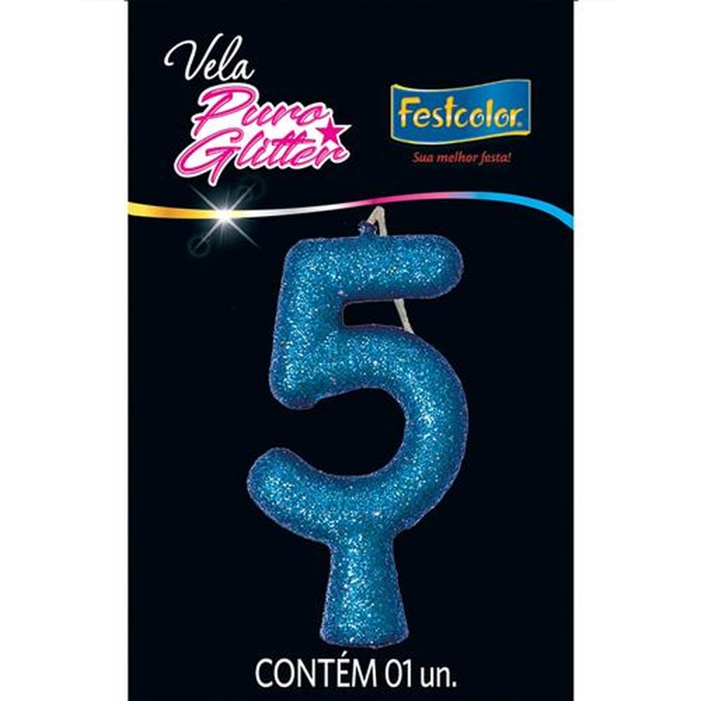 Vela Puro Glitter Azul N 5 - Embalagem com 1 unidade.
