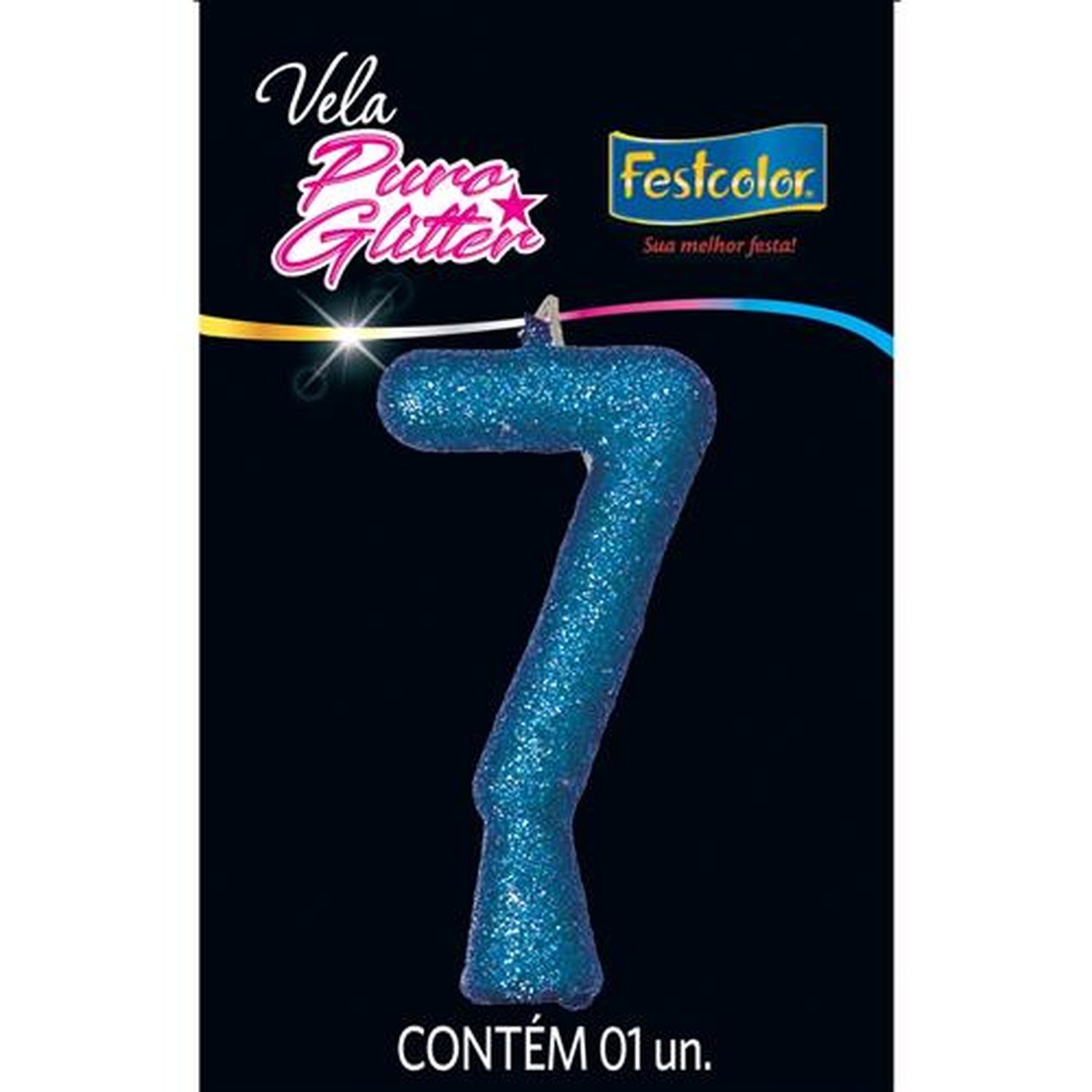 Vela Puro Glitter Azul N 7 - Embalagem com 1 unidade.