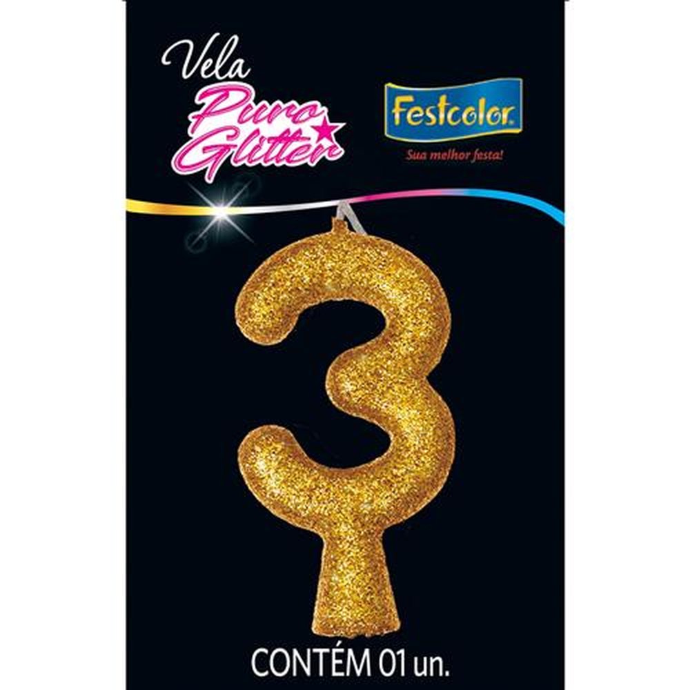 Vela Puro Glitter Dourada N 3 - Embalagem com 1 unidade.