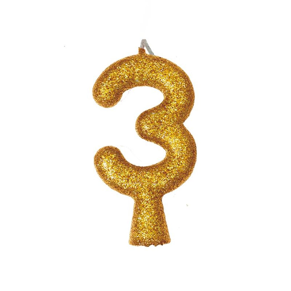 Vela Puro Glitter Dourada N 3 - Embalagem com 1 unidade.