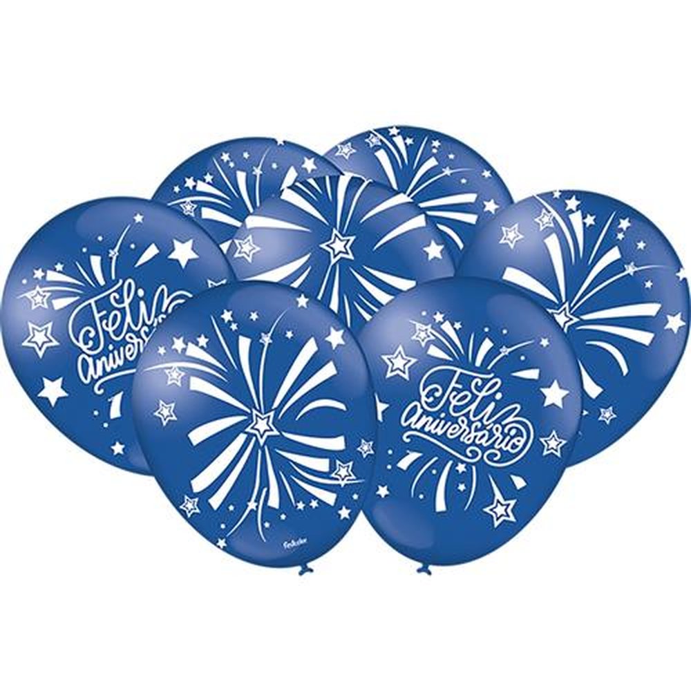 Balao Decorado Feliz Aniversario Azul Escuro - Embalagem com 25 unidades.