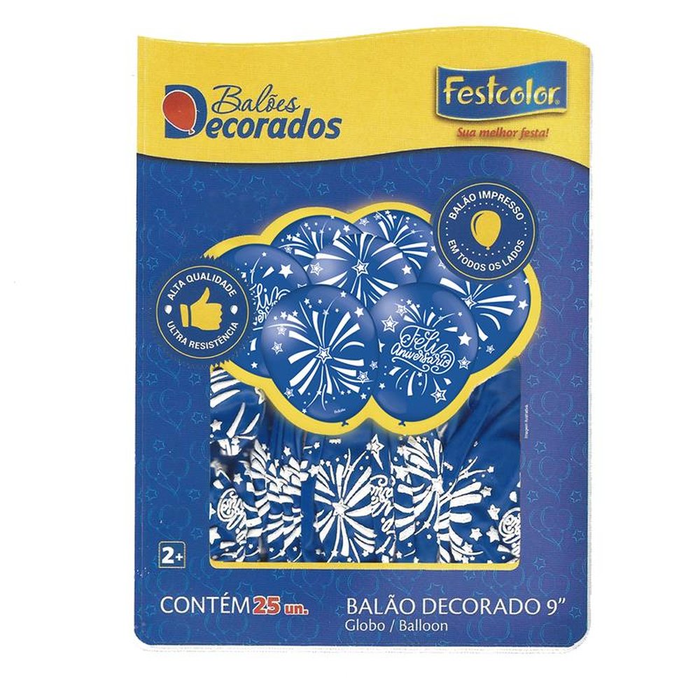 Balao Decorado Feliz Aniversario Azul Escuro - Embalagem com 25 unidades.