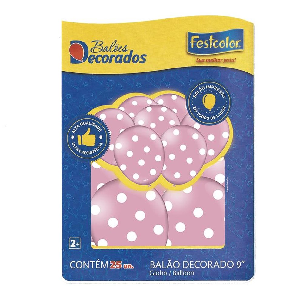 Balao Decorado Poa Rosa Claro Branco