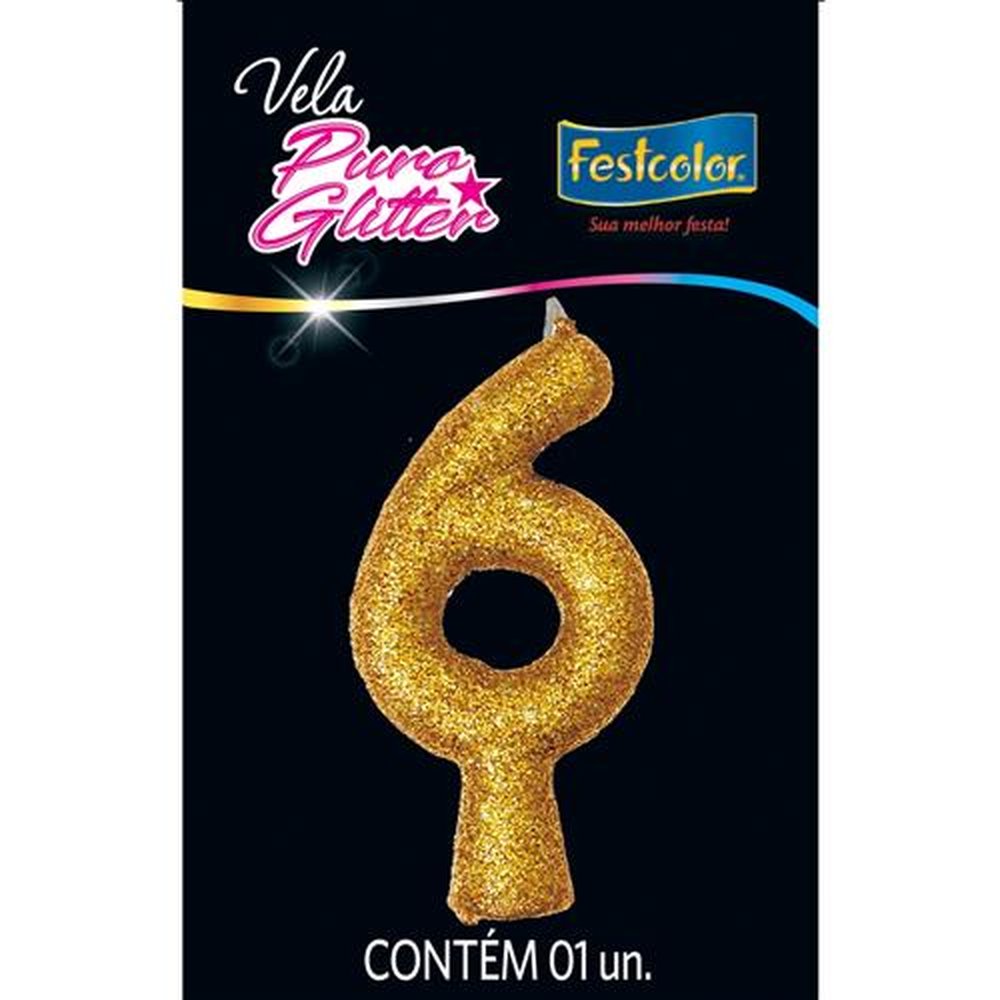 Vela Puro Glitter Dourada N 6 - Embalagem com 1 unidade.