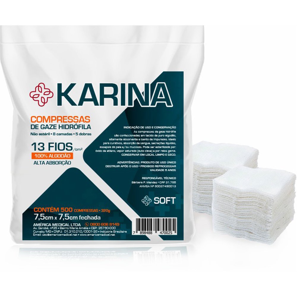 Compressa Gaze Karina N Esteril 13 Fios Com 500 Unidades