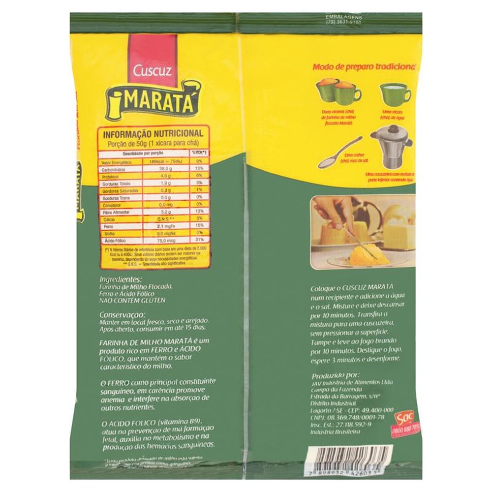 Cuscuz De Milho Marata 500g - Fardo com 20 Unidades