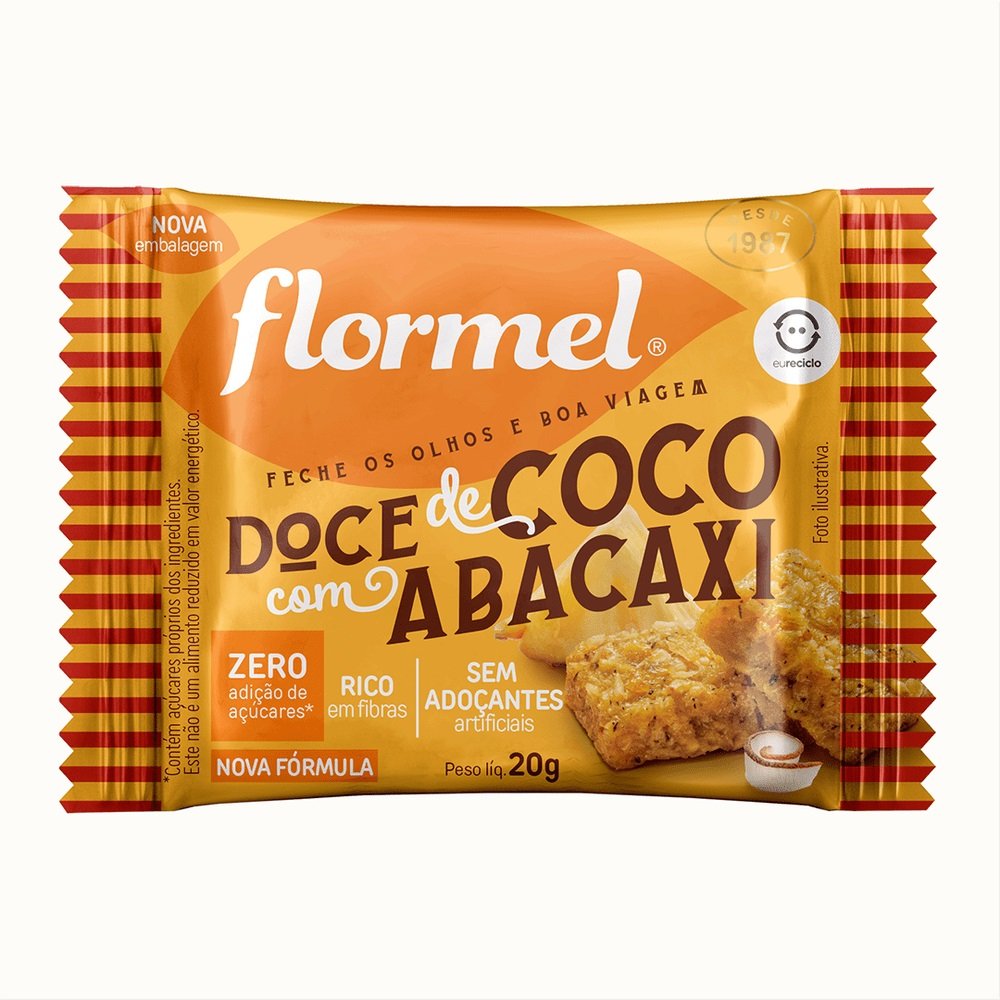 Doce de Abacaxi com Coco Flormel, Zero açúcar - Caixa com 24 Unidades de 20g cada