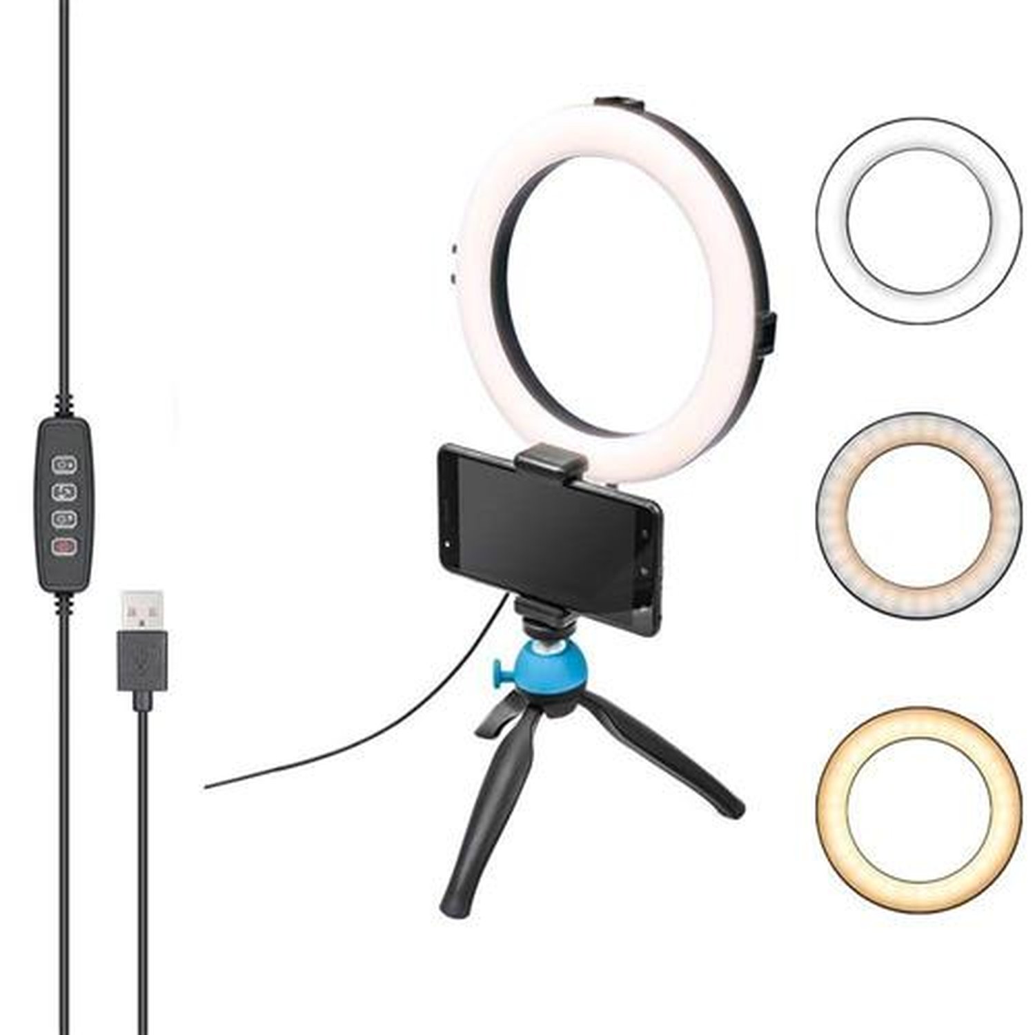 Iluminador Ring Light Profissional 8 Polegadas Usb 3 Modos de Luz com Tripé de Mesa Suporte de Celu