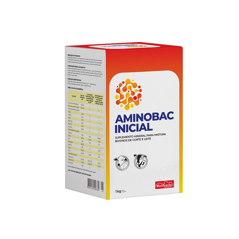 Aminobac Inicial Pó Montsanto 1kg - - Suplemento Vitamínico Mineral Com Probióticos e Prebióticos Para Bovinos