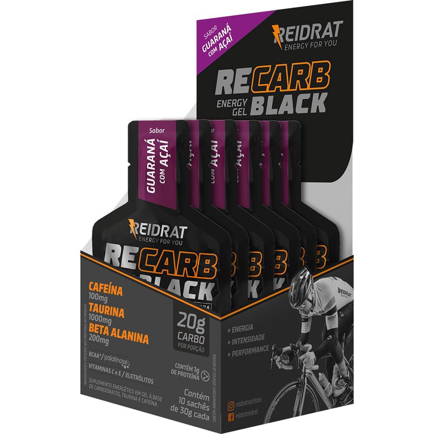 Recarb Energy Gel BLACK (Display 10 sachês 30g) - Guaraná com Açaí