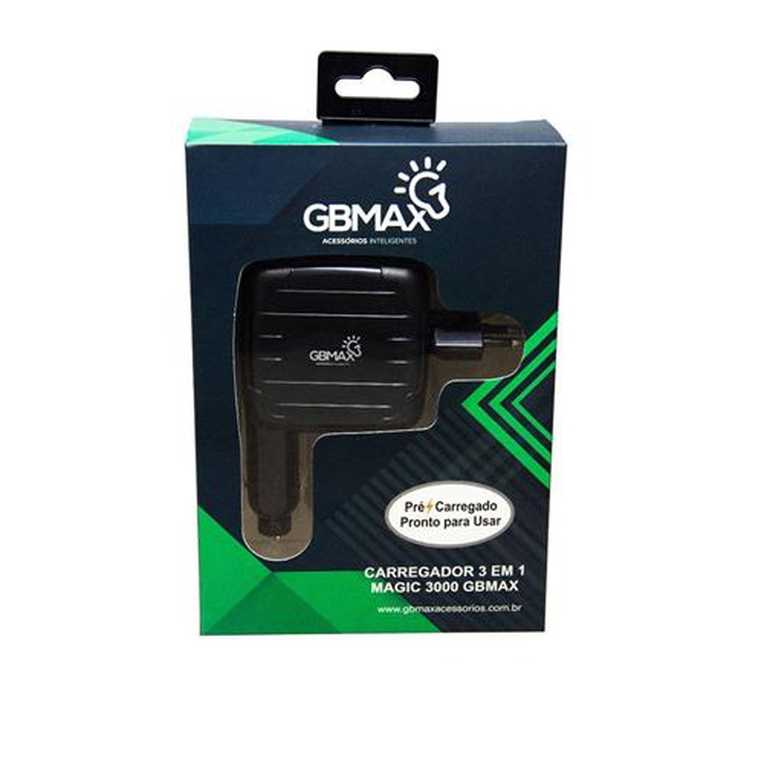Carregador 3 em 1: Veicular, Parede e Power Bank Magic 3000 Gbmax Preto