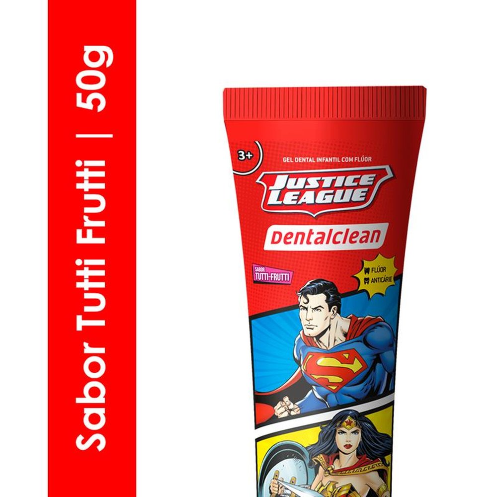 Creme Dental Infantil Heróis Liga da Justiça com fluor sabor Tutti Frutti 50g (Emb. Com 36 unidades cada) | Dentalclean