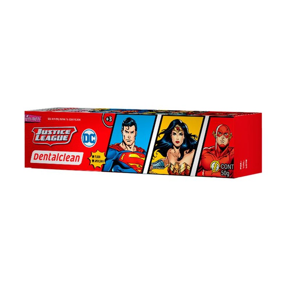 Creme Dental Infantil Heróis Liga da Justiça com fluor sabor Tutti Frutti 50g (Emb. Com 36 unidades cada) | Dentalclean