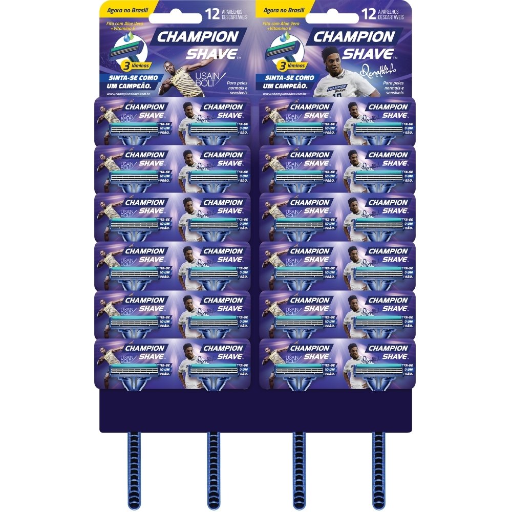 Aparelho de Barbear Champion Shave Descartável 3 Lâminas - Cartelas com 24 unidades.