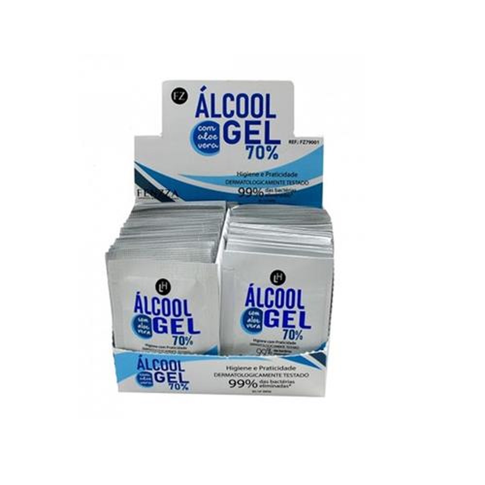 Display com 50 saches - Álcool Gel Anti-Séptico Higienizador de Mãos com Aloe Vera Sache Fenzza