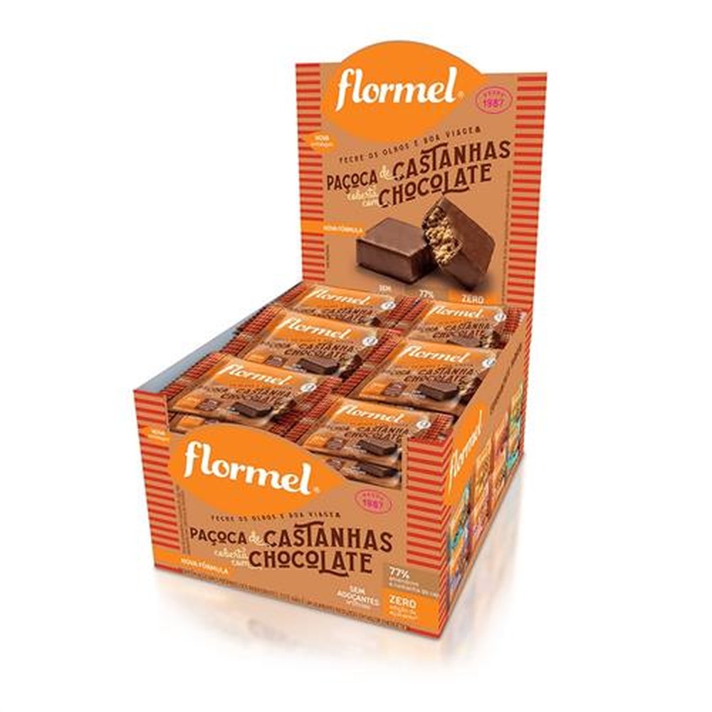 Paçoca de Castanhas com Chocolate Flormel, Zero Açúcar - Caixa com 24 unidades de 22g cada