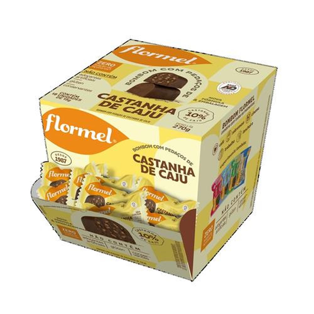 Bombom de Chocolate ao Leite, Recheado com Pedaços de Castanha de Caju Flormel, Zero Açúcar - Caixa com 18 Unidades de 15g cada