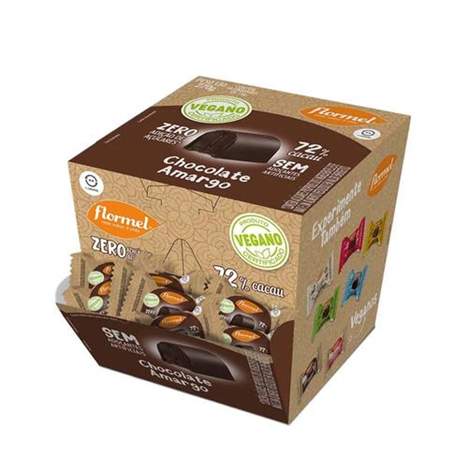Bombom de Chocolate Amargo, 72% Cacau Flormel, Zero Açúcar - Caixa com 18 Unidades de 15g cada
