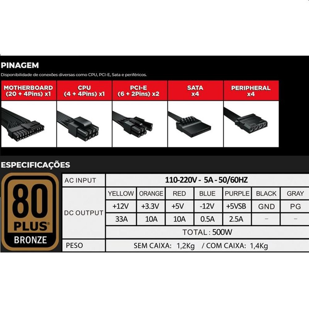 Fonte ATX 500W 80 Plus Bronze PFC Ativo NX500 - Nexus Gamer - Kit com 10 unidades