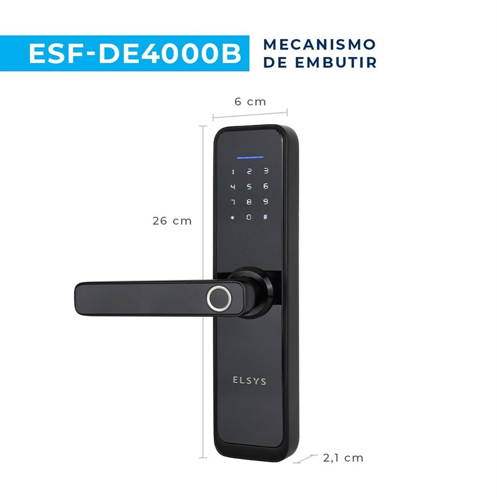 Fechadura Digital De Embutir Elsys ESF-DE4000B | Com Wi-Fi, Biometria, Preto