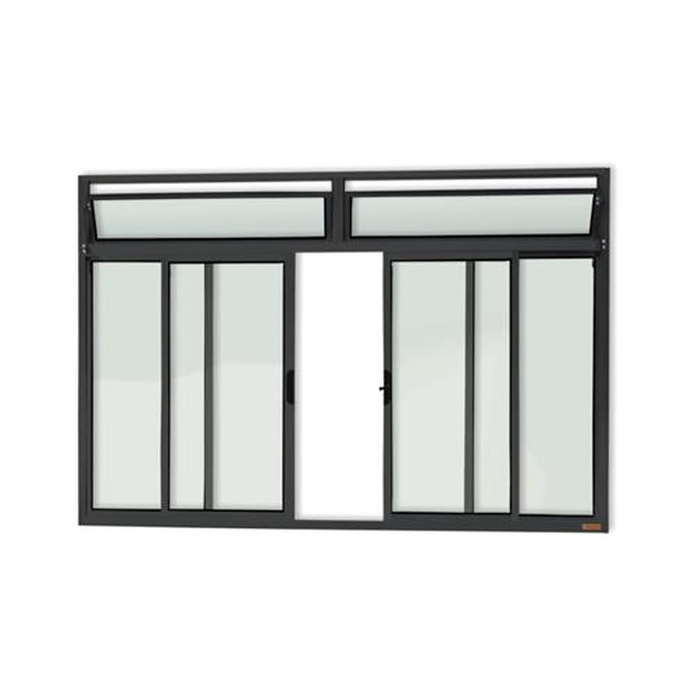 Janela Plus 4 Folhas com Bandeira 100 X 120 Vidro Liso Preto Acetinado