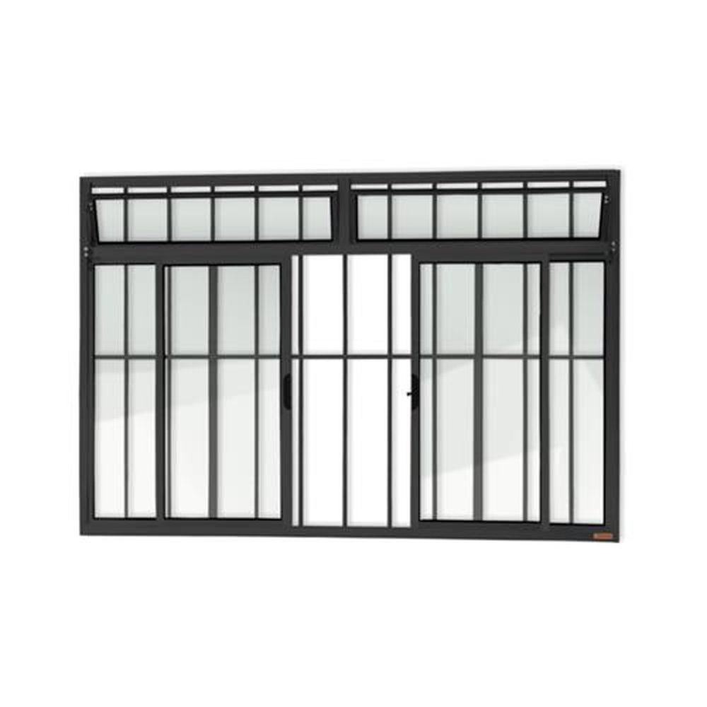 Janela Plus 4 Folhas com Bandeira e Grade 100 X 150 Vidro Liso Preto Acetinado