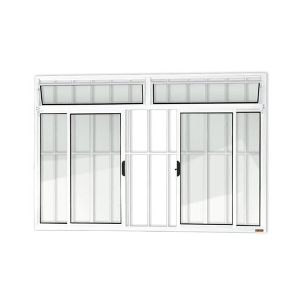 Janela Plus 4 Folhas com Bandeira e Grade 100 X 150 Vidro Liso Branco Brilhante