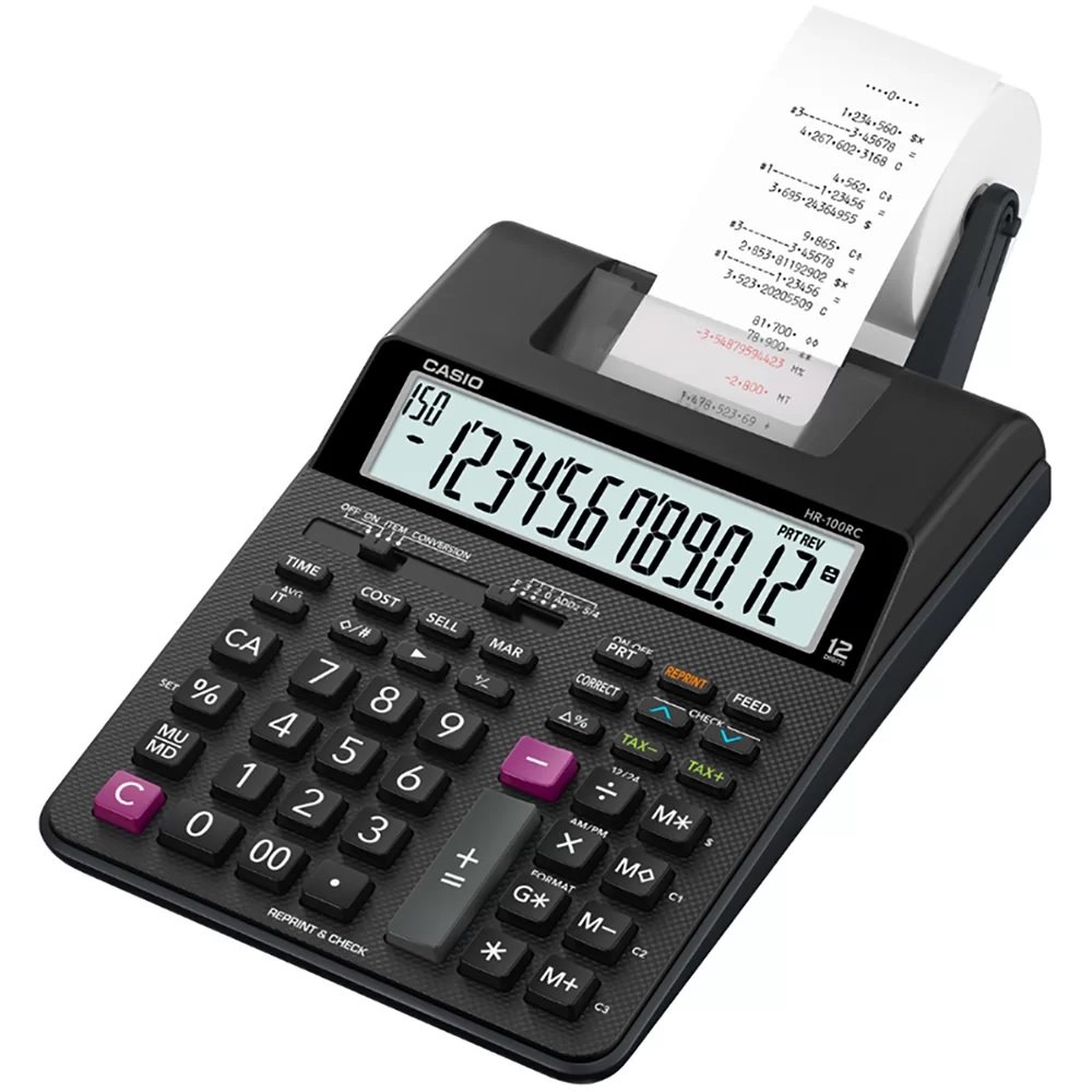Calculadora De Mesa Com Impressora, Preta, Visor Grande De 12 Digitos, Hr-100rc, Casio