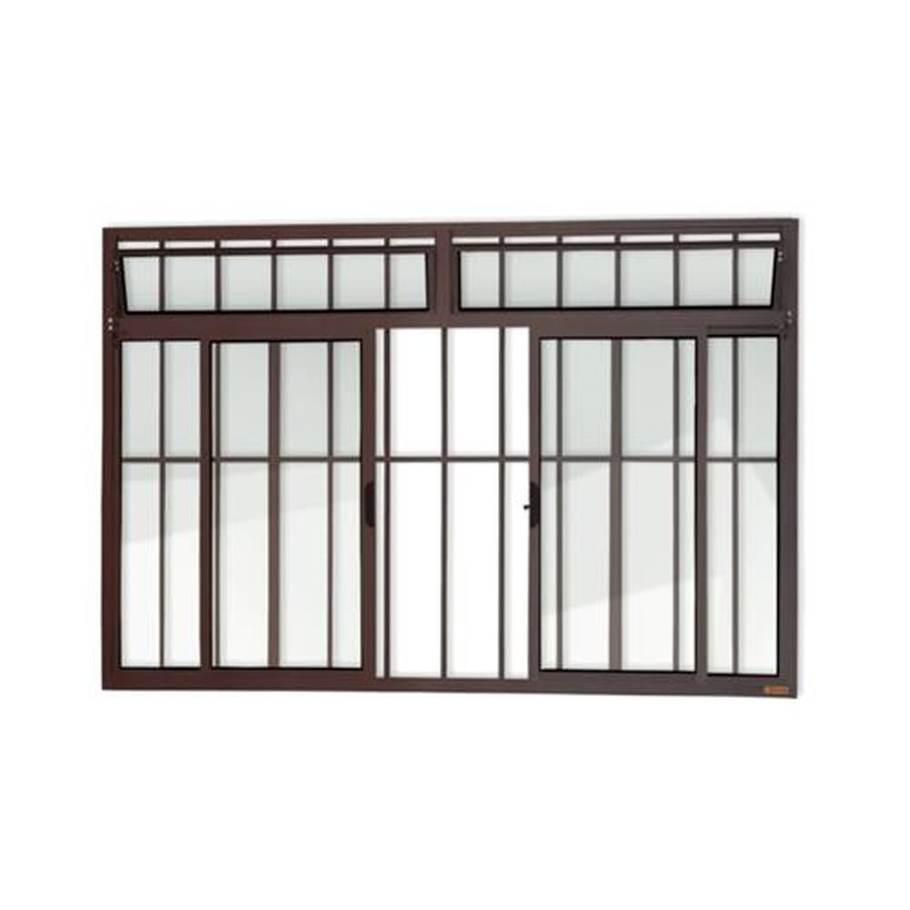 Janela Plus 4 Folhas com Bandeira e Grade 100 X 150 Vidro Liso Marrom Corten