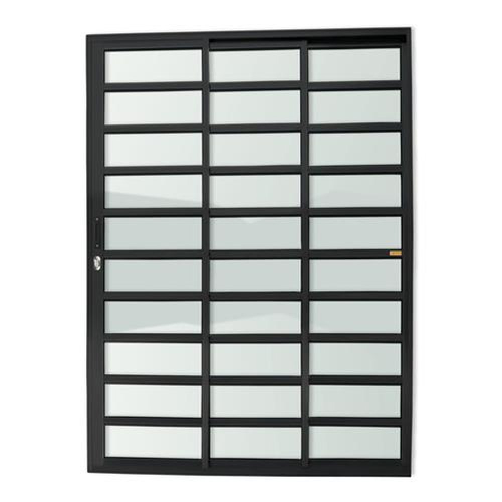Porta de Correr com Travessas 3 Folhas 1/3 210 X 150 Super Vidro Liso Preto Acetinado