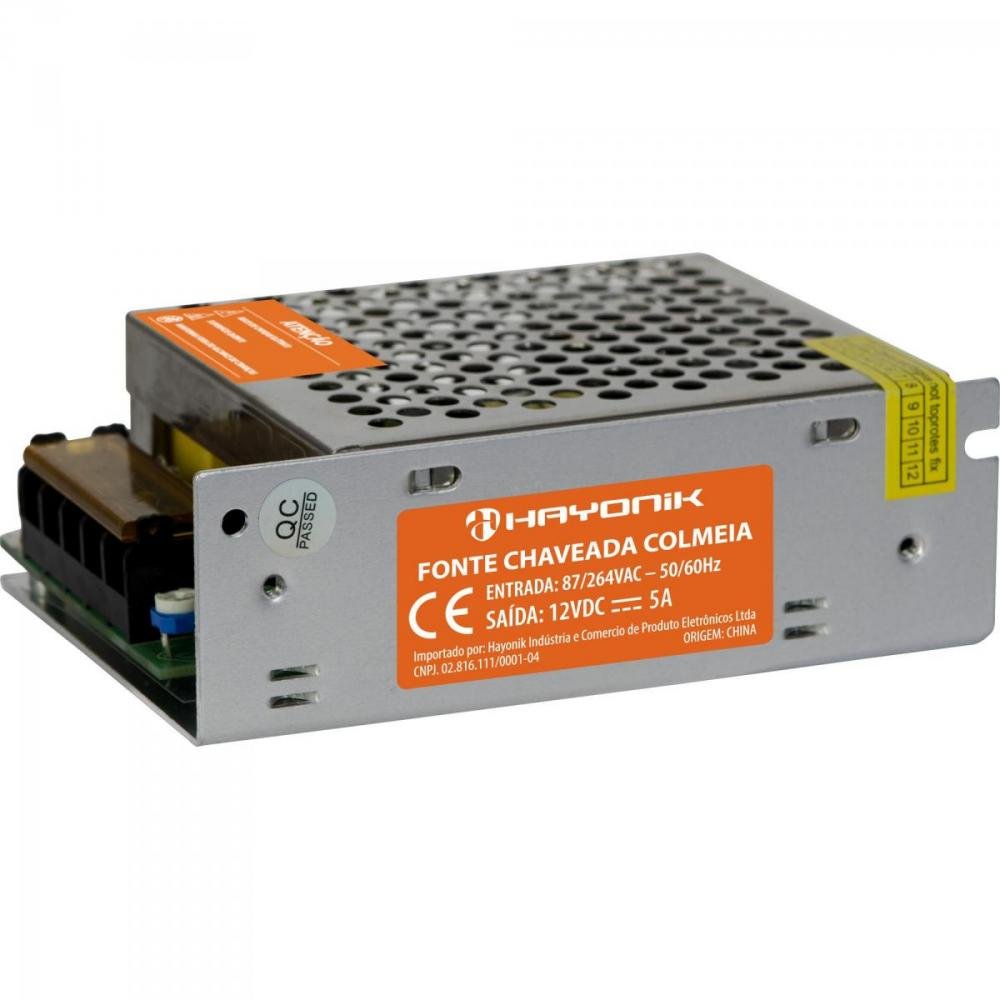 Fonte Colmeia 12VDC 5A 60W Bivolt Automatica FTC1205 HAYONIK