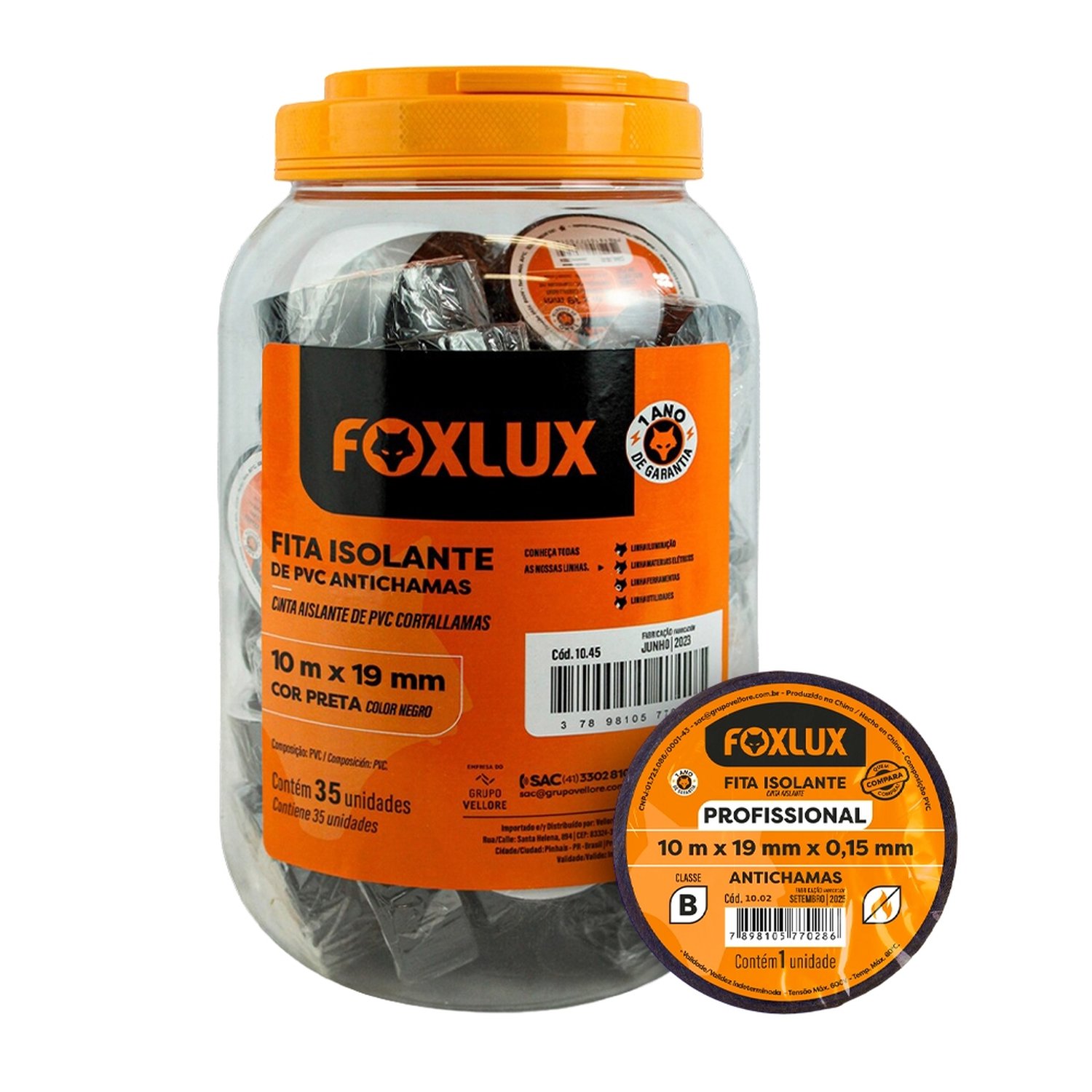 Fita Isolante Foxlux 19MMx10M Preto Pote - Embalagem com 35 Unidades