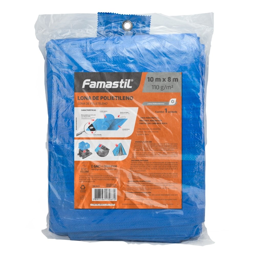 Lona Plástica Azul Famastil com Ilhos Cantos Reforçados 10mX8m