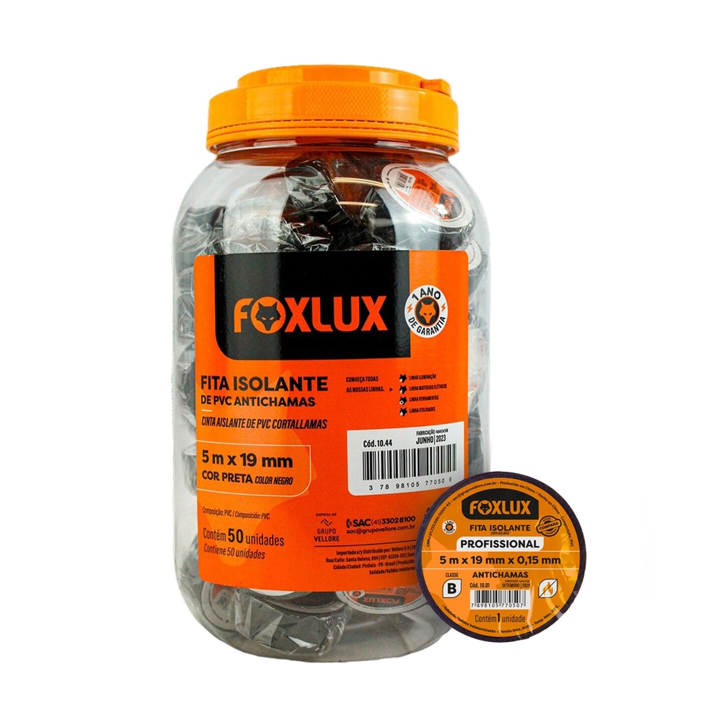 Fita Isolante Foxlux 19mmx5m Preto Pote - Embalagem Com 50 Unidades