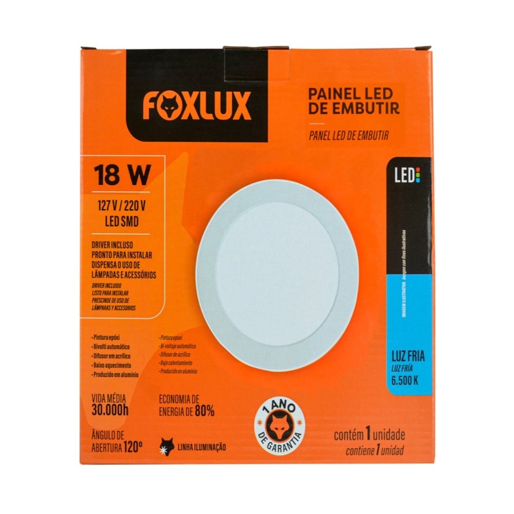 Plafon Painel Foxlux LED 22,5cm Redondo Embutir 18w 6,5k