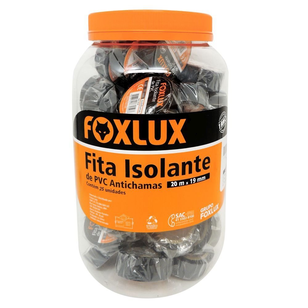 Fita Isolante de PVC Antichamas 20m Preta Pote com 25 Unidades Foxlux