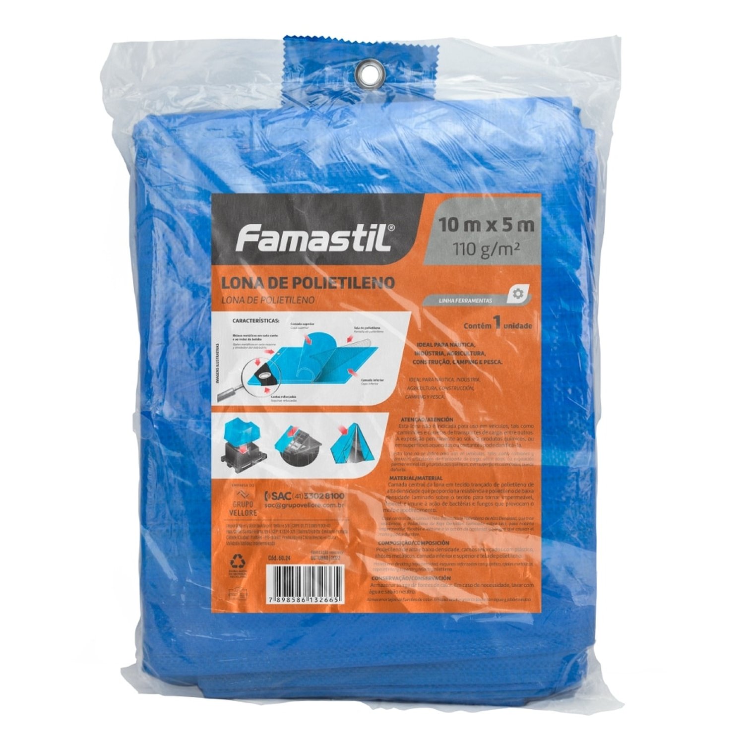Lona Plástica Azul Famastil com Ilhos Cantos Reforçados 10mX5m