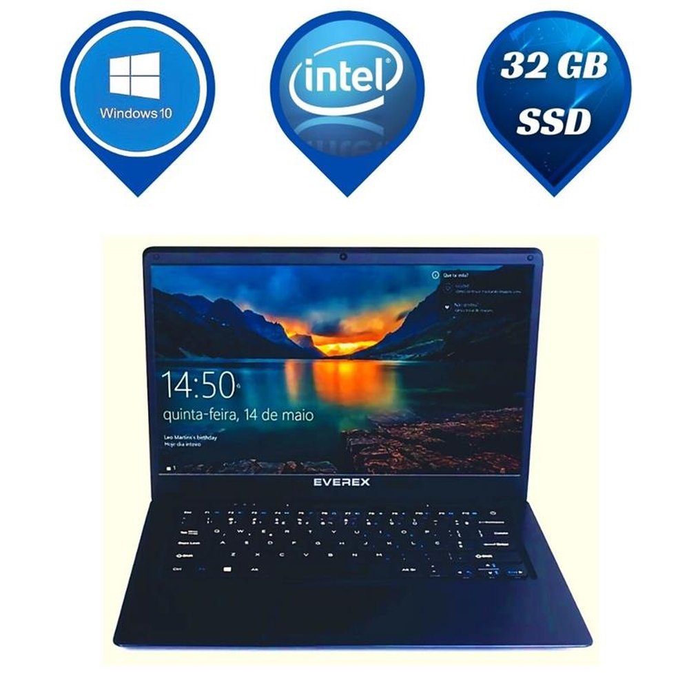 Notebook Intel Quad Core, Tela 14", 2GB de , 32 SSD e Windows 10 - Everex