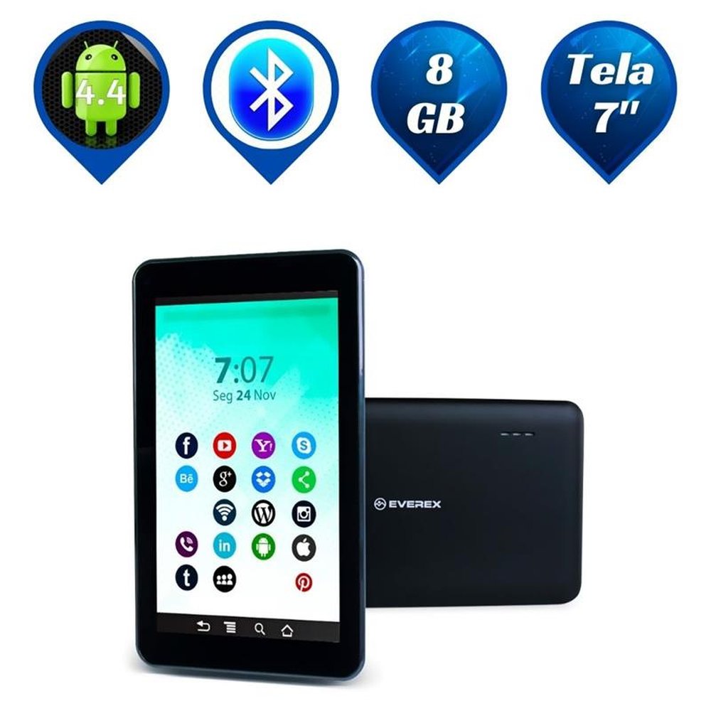 Tablet Quad Core A33, Tela 7", 512MB , 8GB, Bluetooth, Android 4.4 - Preto - Everex