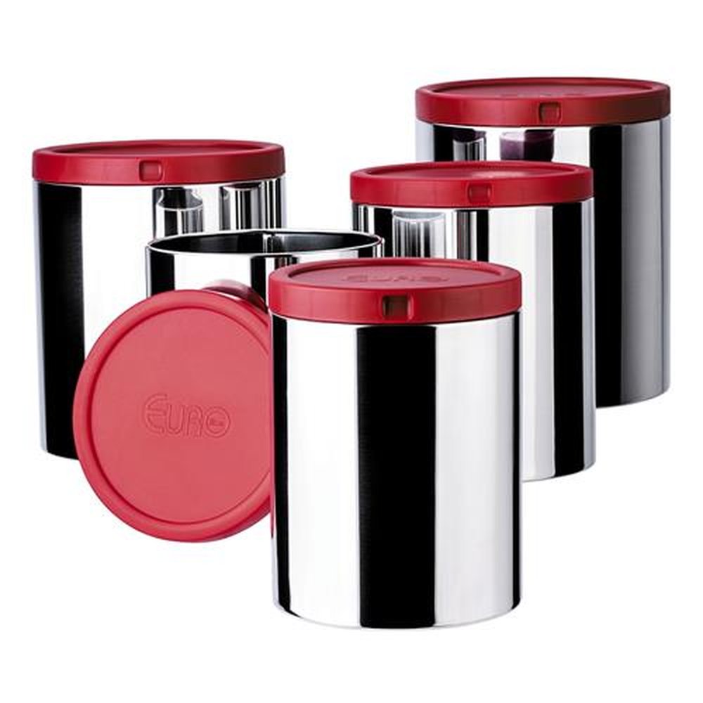 Porta Mantimentos Inox Conjunto 5 Pecas com Tampa Vermelha