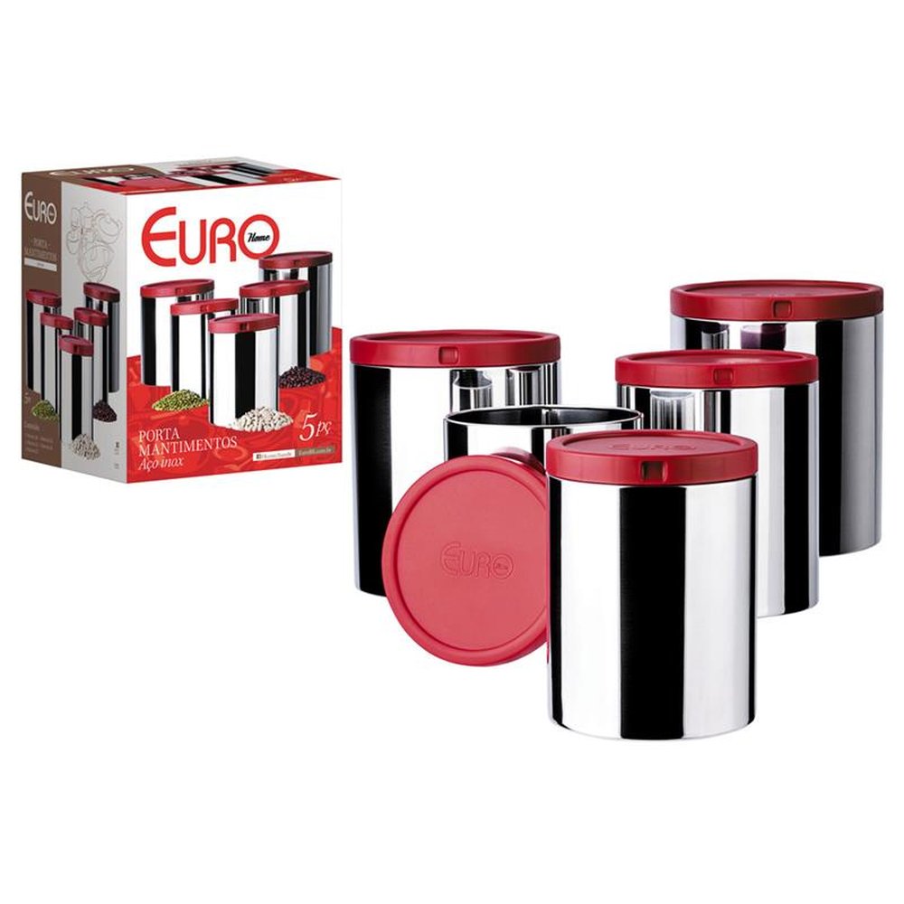 Porta Mantimentos Inox Conjunto 5 Pecas com Tampa Vermelha